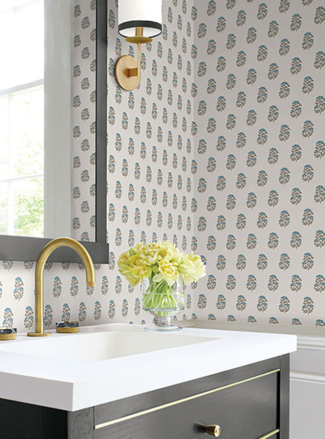 Sylvie Teal Floral Aegean & Mink by Antonina Vella Botanical Wallpaper – York Designer Series VP1383