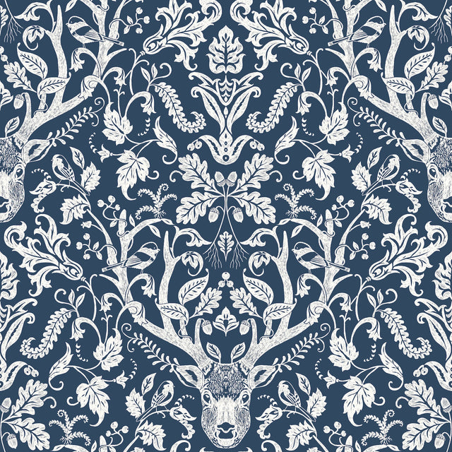 Kiwassa Navy Antler Damask Wallpaper by Chesapeake