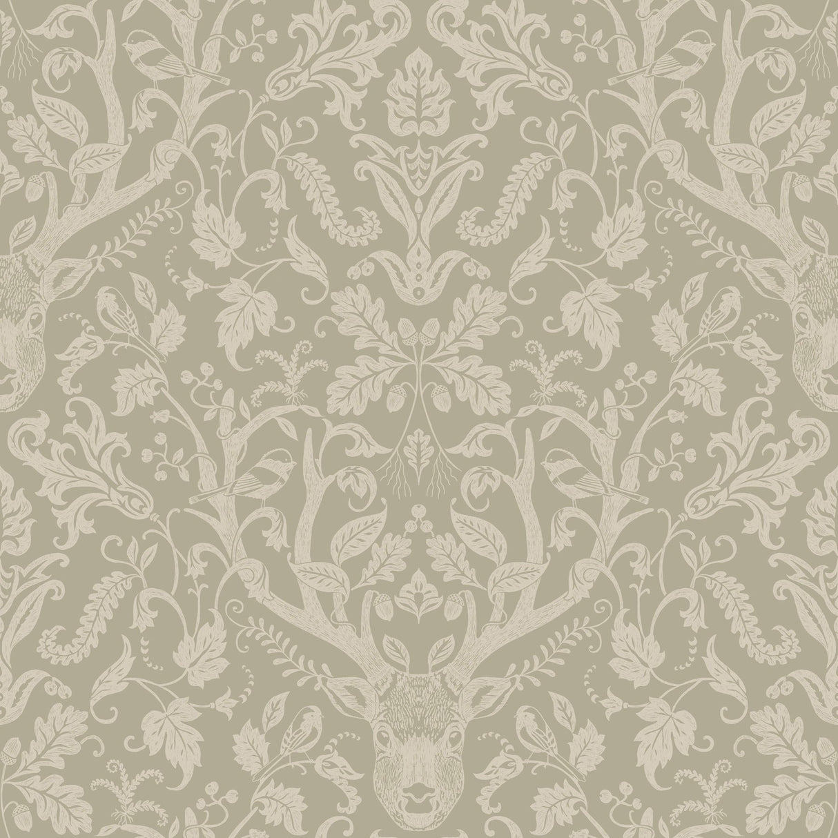 Kiwassa Sage antler damask wallpaper in cream on a sage green background showing deer, birds, and foliage motif.