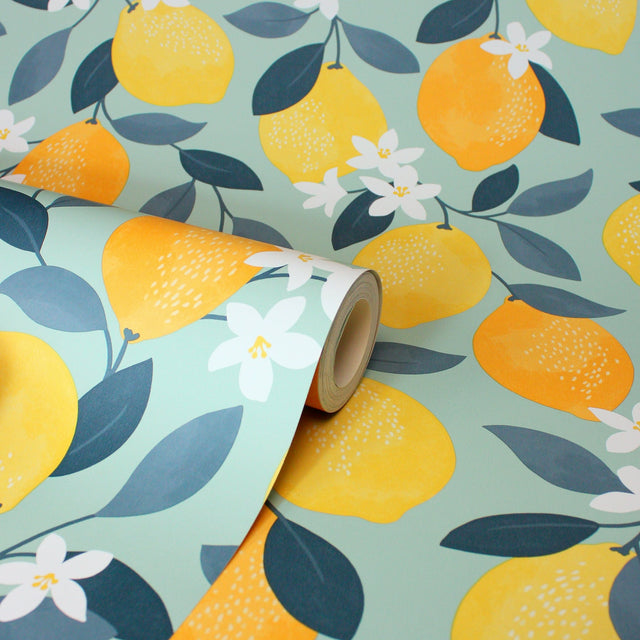 Inigo Sicily Fruits Seafoam by Fine Decor Botanical Fruit Wallpaper – Brewster Home Fashions FD43837