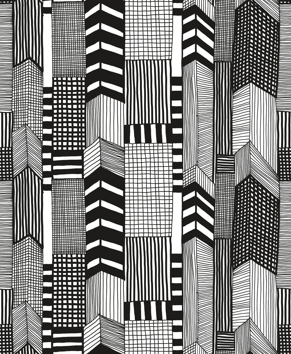 Ruutukaava Ebony and Eggshell by Marimekko Vol. 5 Geometric Cityscape Wallpaper – Marimekko 14111X-Sample
