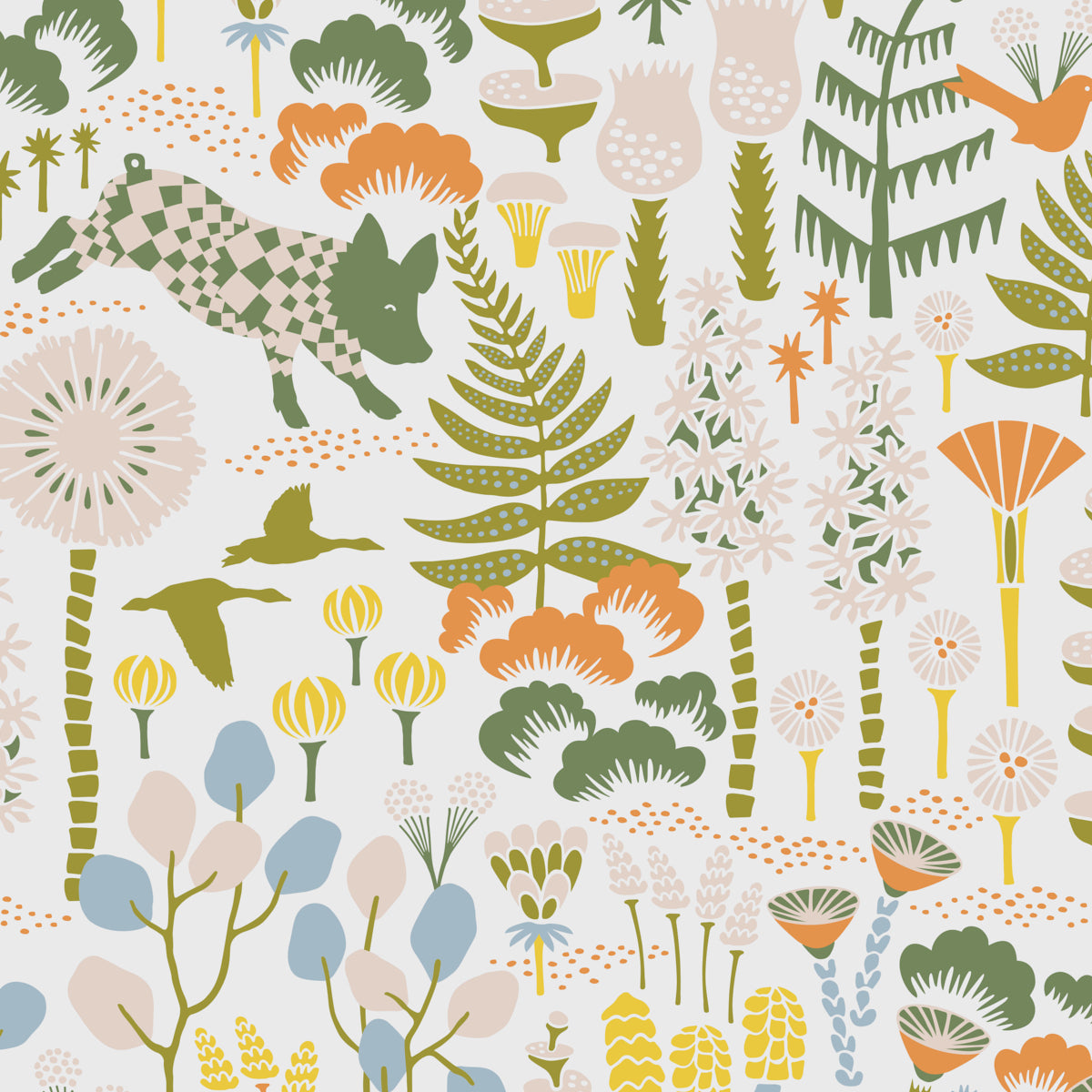 Hoppmosse wallpaper by Boråstapeter for Schumacher, featuring whimsical piglets, geese, and colorful forest plants in ivory, green, orange, and blue tones.