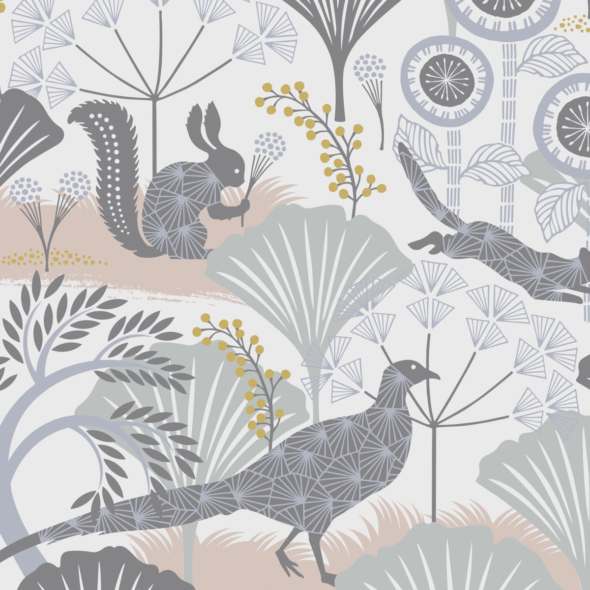 Fantastical Scandinavian wallpaper with soft multi-colored trees and camouflaged animals, designed by Hanna Werning for Boråstapeter.