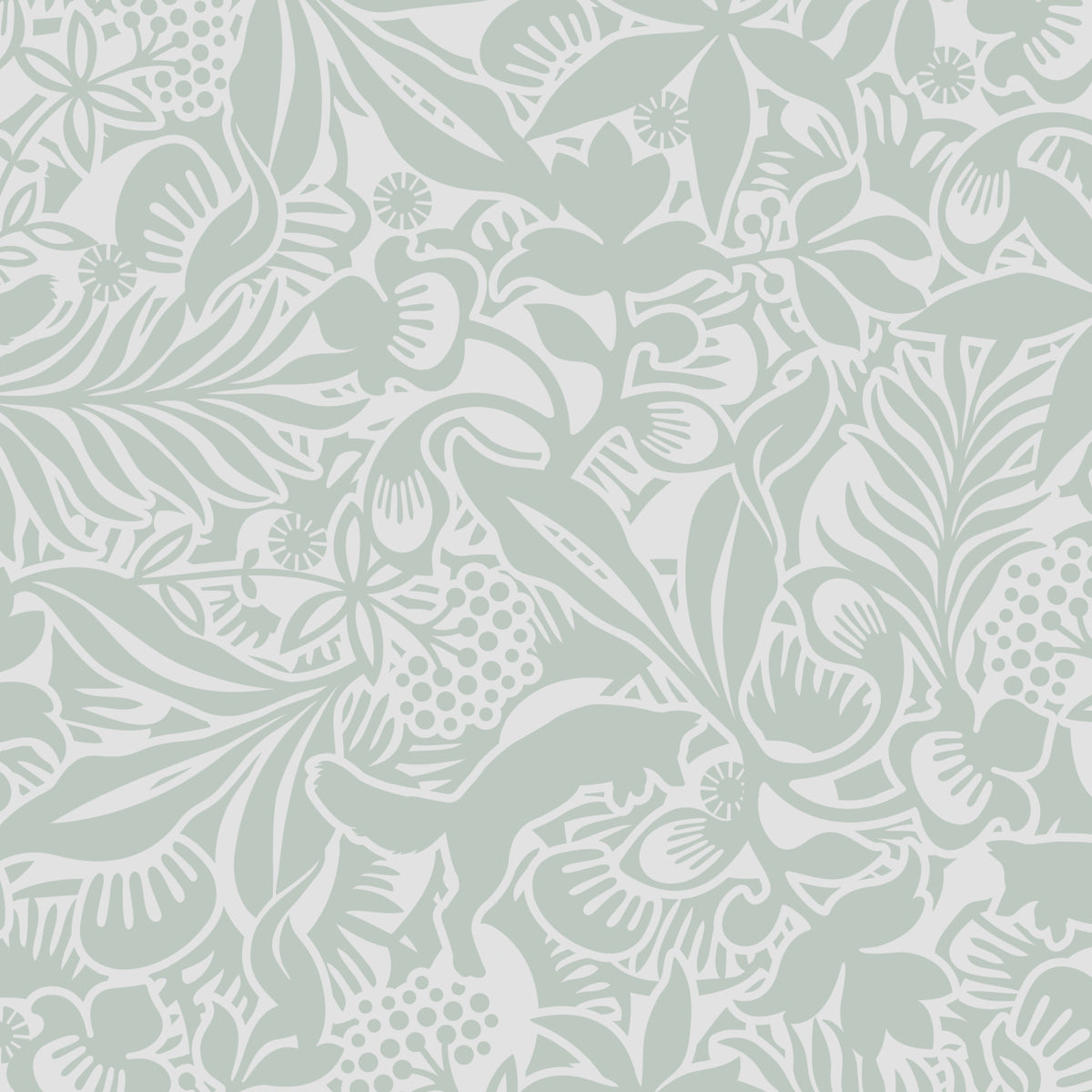 Fantasia Garden wallpaper in Mineral by Boråstapeter for Schumacher, featuring playful foxes and lush foliage in a Scandinavian woodland design.