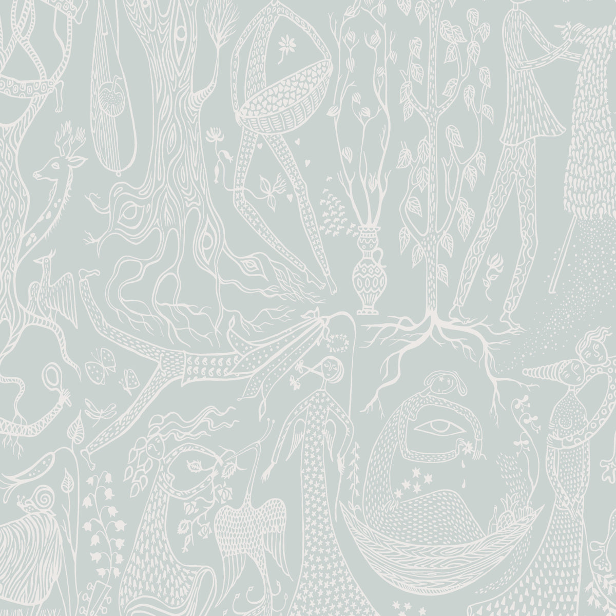 Poème D'Amour wallpaper in Mineral by Boråstapeter for Schumacher, whimsical pattern with fanciful figures and florals