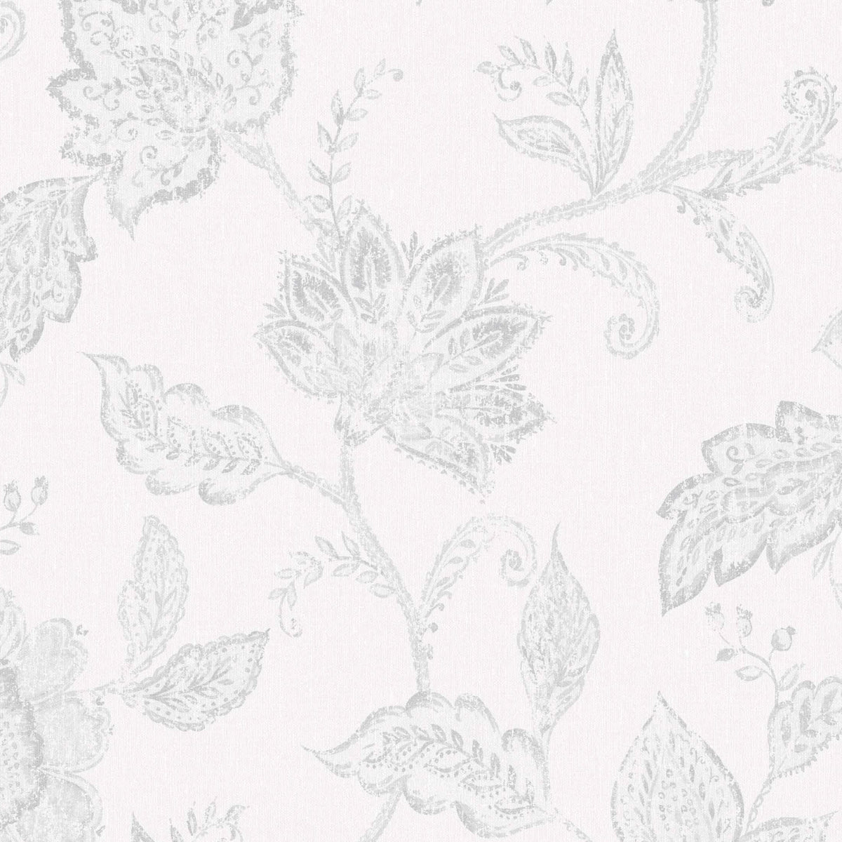 Indigo Bloom grey floral paisley wallpaper by Boråstapeter for Schumacher, shown in close-up and roll views.
