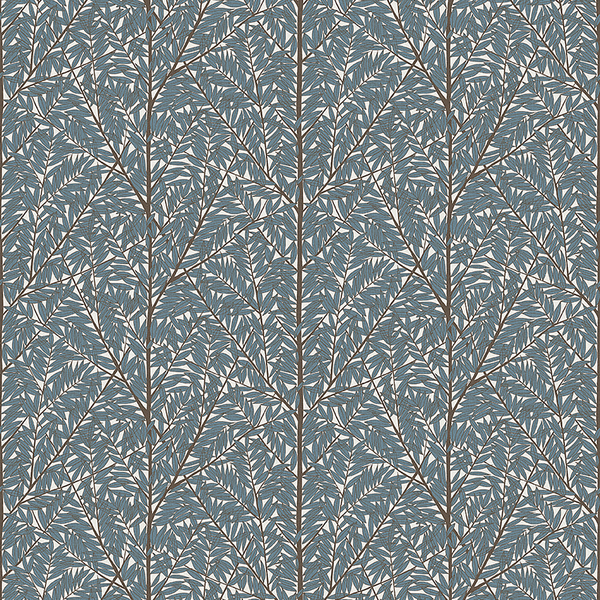 Korgpil Mural in blue with a lush leaf pattern by Boråstapeter for Schumacher, shown in a modern living room setting.