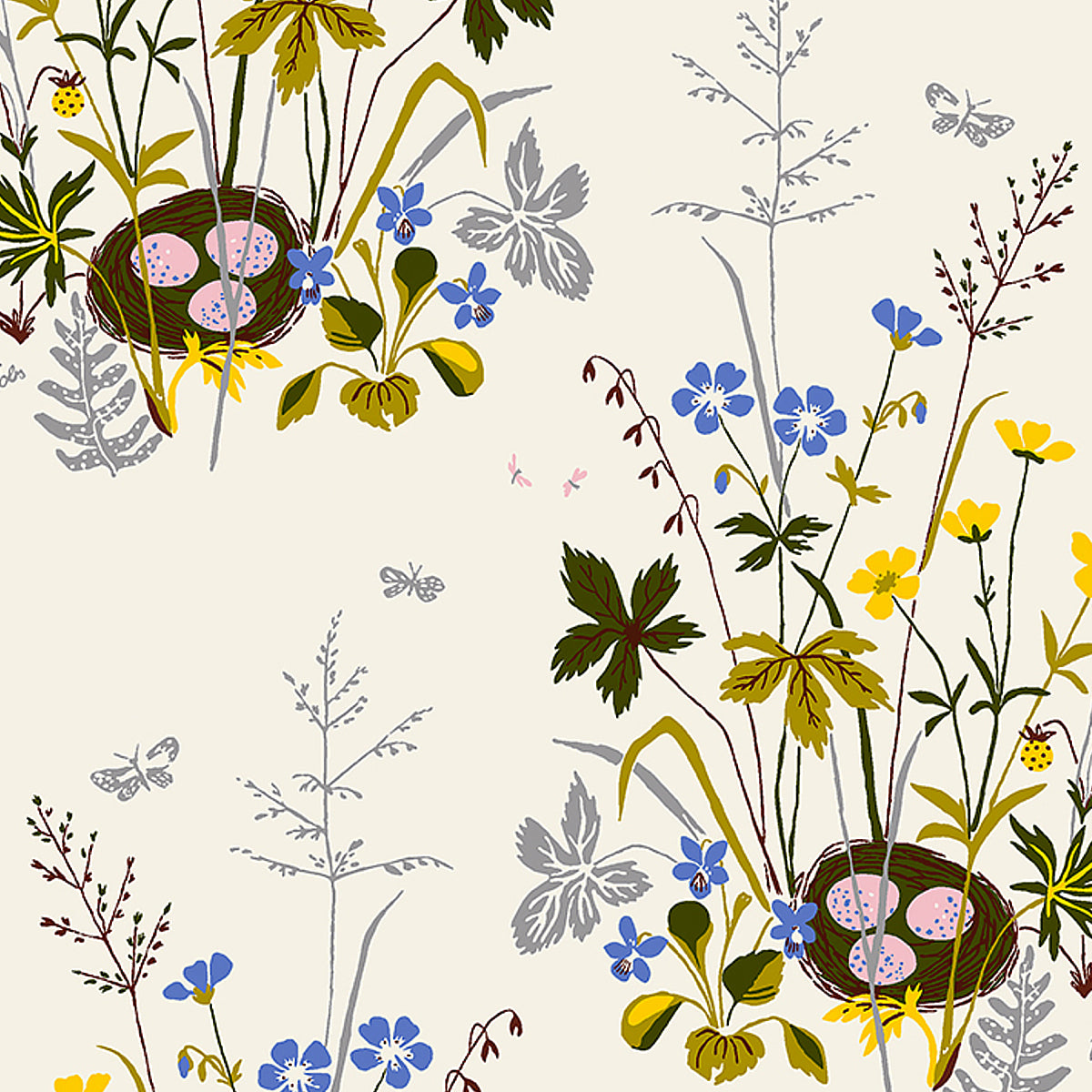 Fågelbo by Boråstapeter for Schumacher. Multi-colored spring garden wallpaper with blooming irises, bird nests, and butterflies.