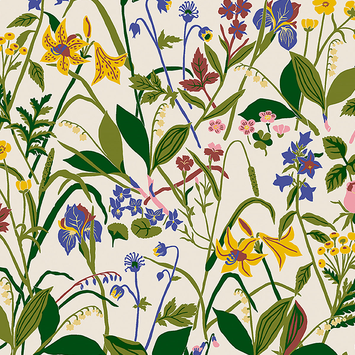 ROS OCH LILJA wallpaper in ivory by Boråstapeter for Schumacher, featuring a Scandinavian floral pattern with lilies, irises, and wildflowers.