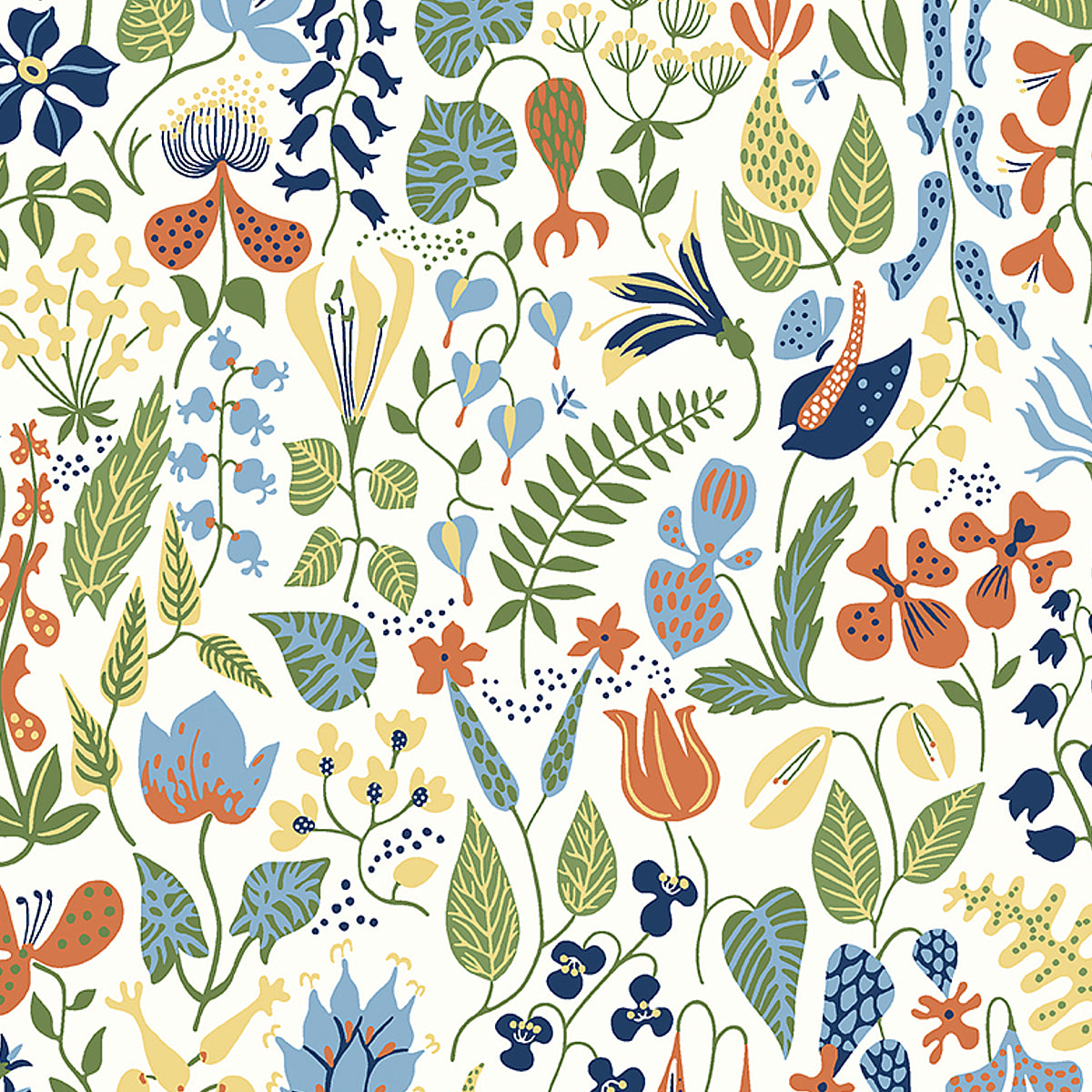 Herbarium wallpaper by Boråstapeter for Schumacher, featuring a whimsical multicolored botanical pattern by Stig Lindberg.
