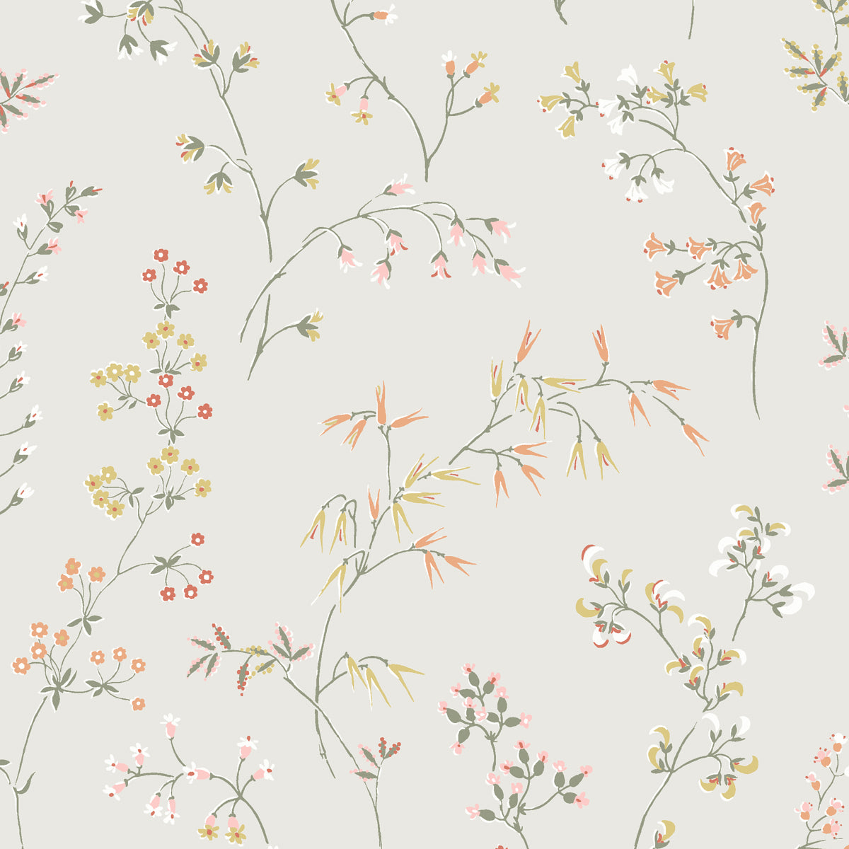 Delicately illustrated meadow flowers wallpaper in bone color by Boråstapeter for Schumacher, classic Nordic style.