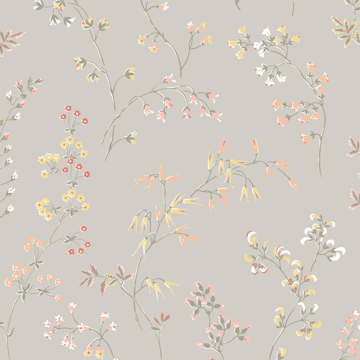 Delicately illustrated meadow flowers wallpaper in stone colorway, classic Nordic style by Boråstapeter for Schumacher.