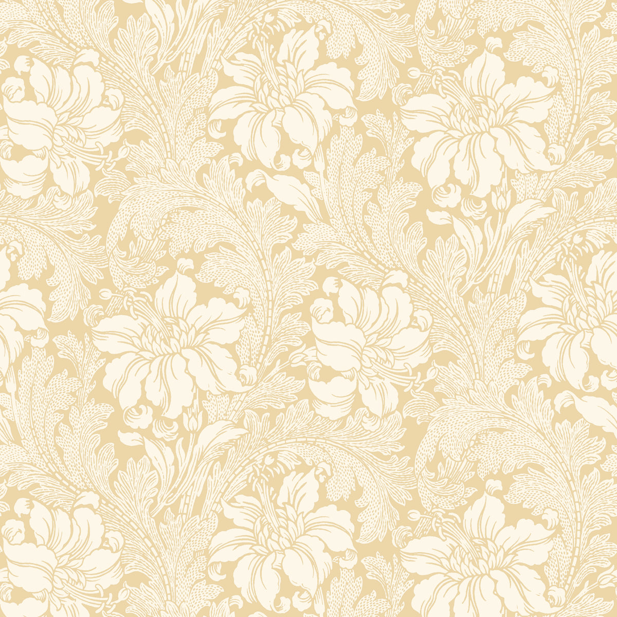 Acanthus Garden wallpaper in buttercup by Boråstapeter for Schumacher, featuring classic floral and leaf motifs in a soft yellow colorway.