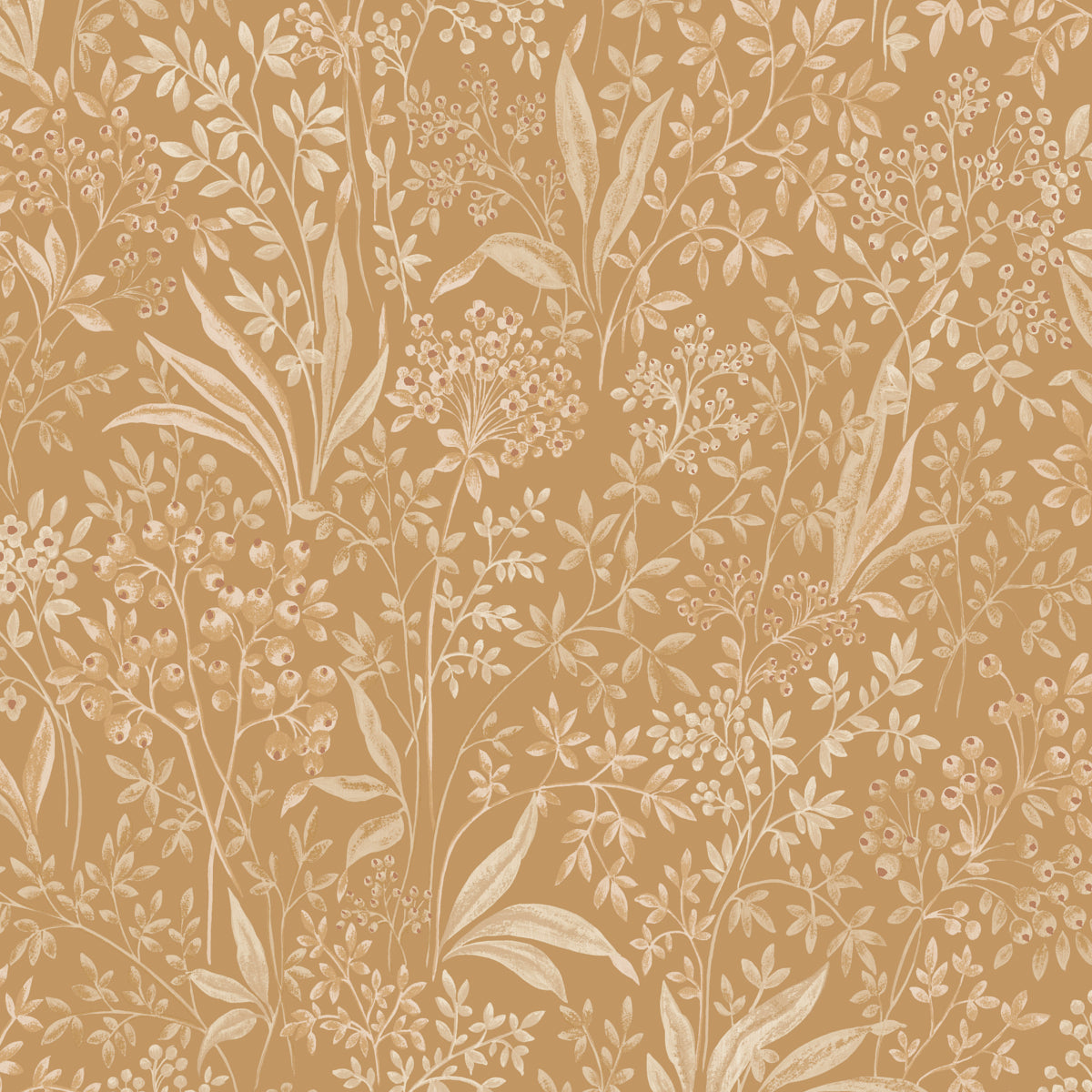Nocturne wallpaper in Parchment by Boråstapeter for Schumacher, featuring a detailed botanical and berry pattern in a warm neutral colorway.