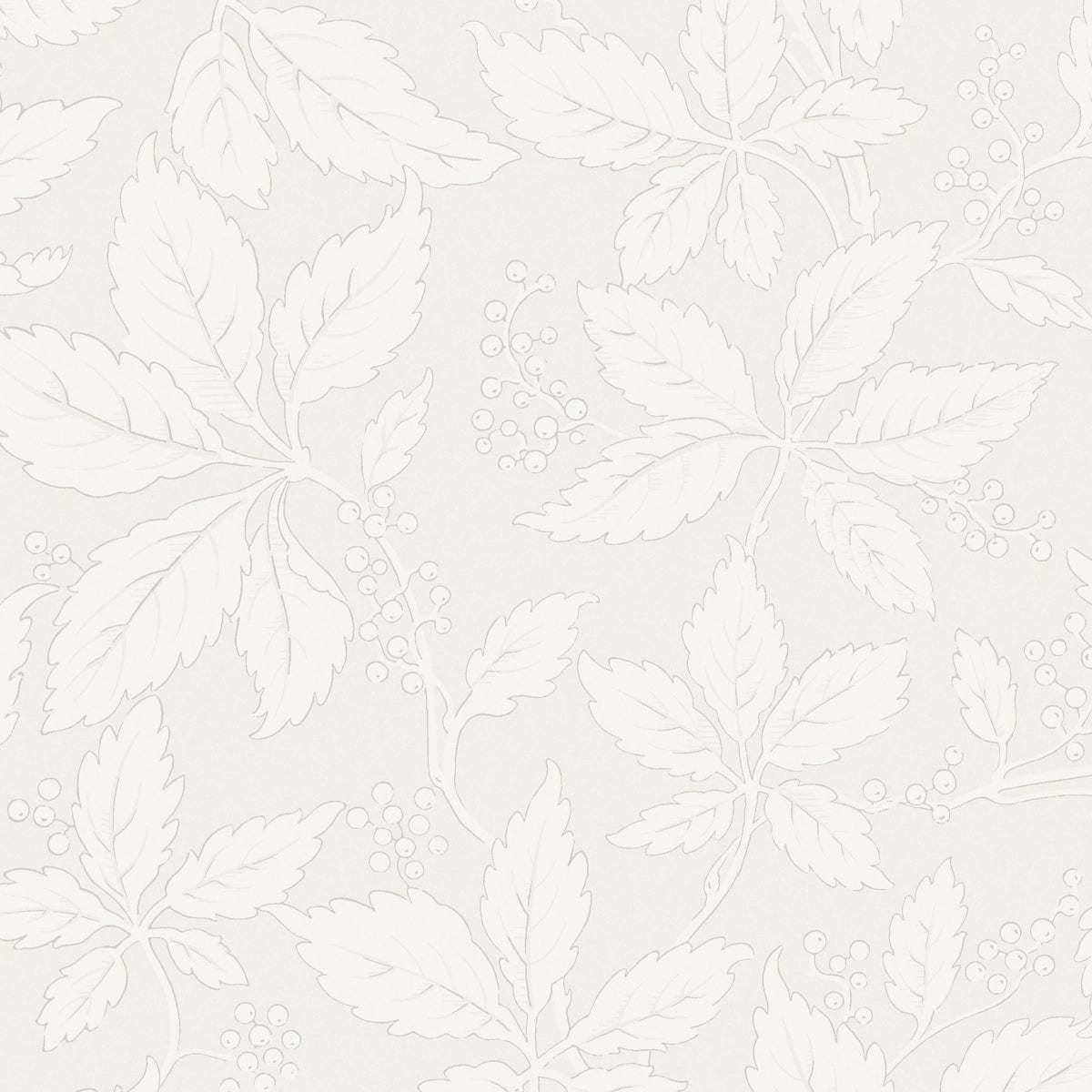 Vildvin Bone botanical wallpaper by Boråstapeter for Schumacher, featuring Virginia vine leaves and berries in a soft neutral palette.
