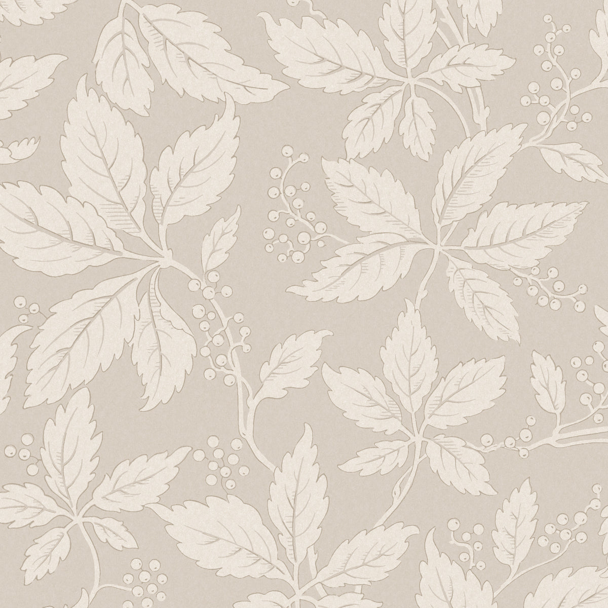 Vildvin in Stone by Boråstapeter, botanical wallpaper with Virginia vine leaves and berries in a neutral stone color.