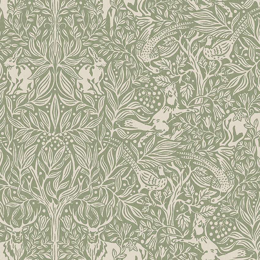 Under the Elder Tree wallpaper in sage by Boråstapeter for Schumacher, featuring whimsical forest animals and lush foliage in a symmetrical, detailed design.