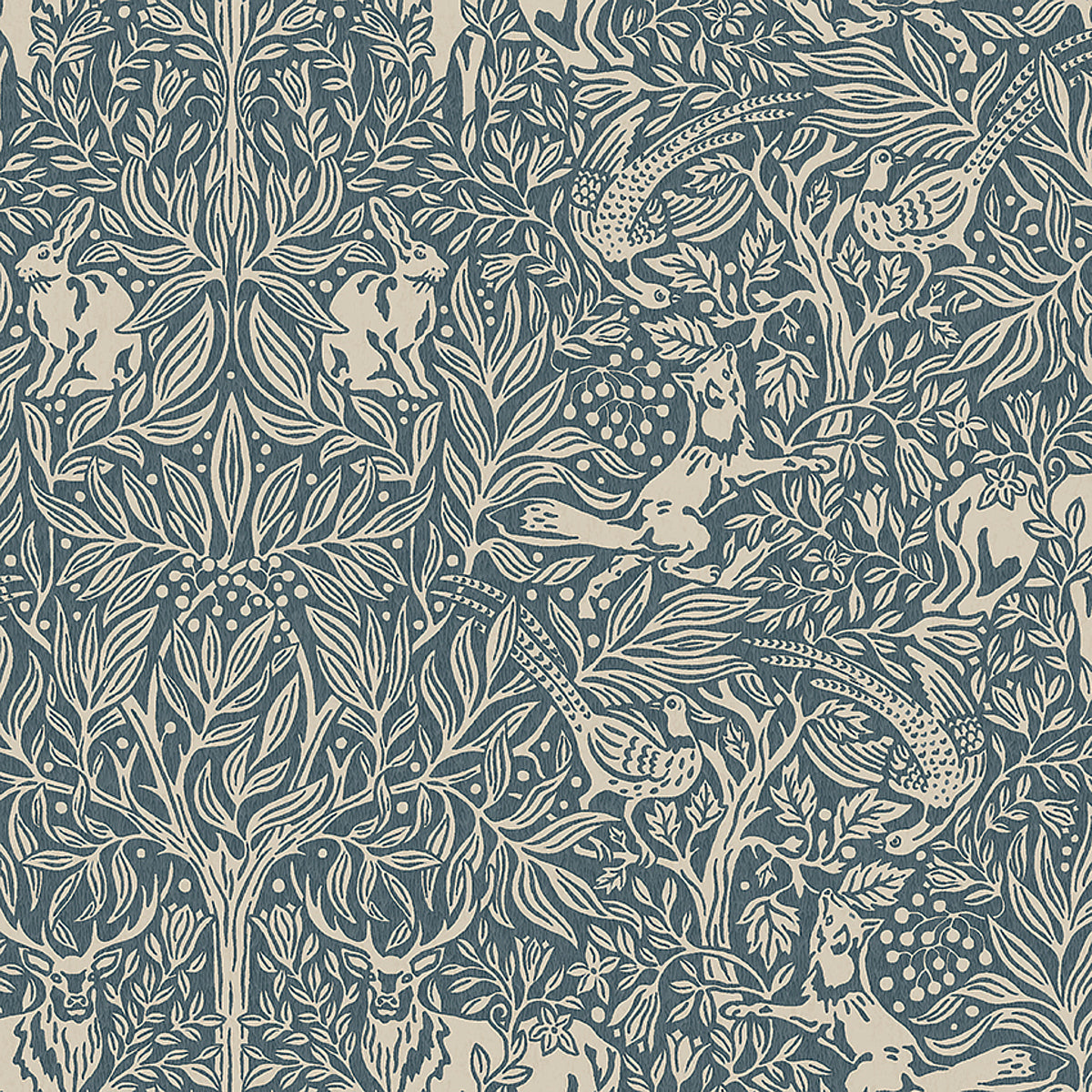 Under the Elder Tree wallpaper in Midnight by Boråstapeter for Schumacher, featuring whimsical forest animals and foliage in a detailed, symmetrical pattern.