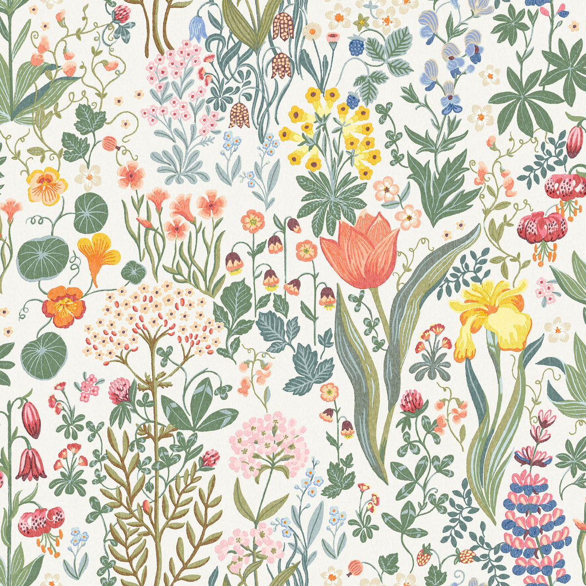 Blomsterhav wallpaper by Boråstapeter for Schumacher, featuring a colorful botanical floral pattern with sweet peas, lilies, lupines, and strawberries.