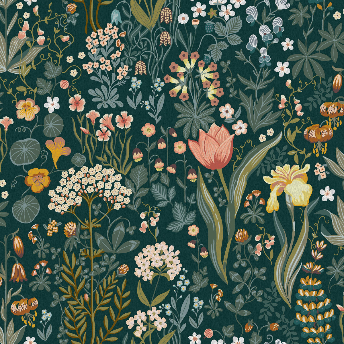 Blomsterhav wallpaper by Boråstapeter for Schumacher, featuring a vibrant botanical floral pattern in spruce green with colorful flowers.