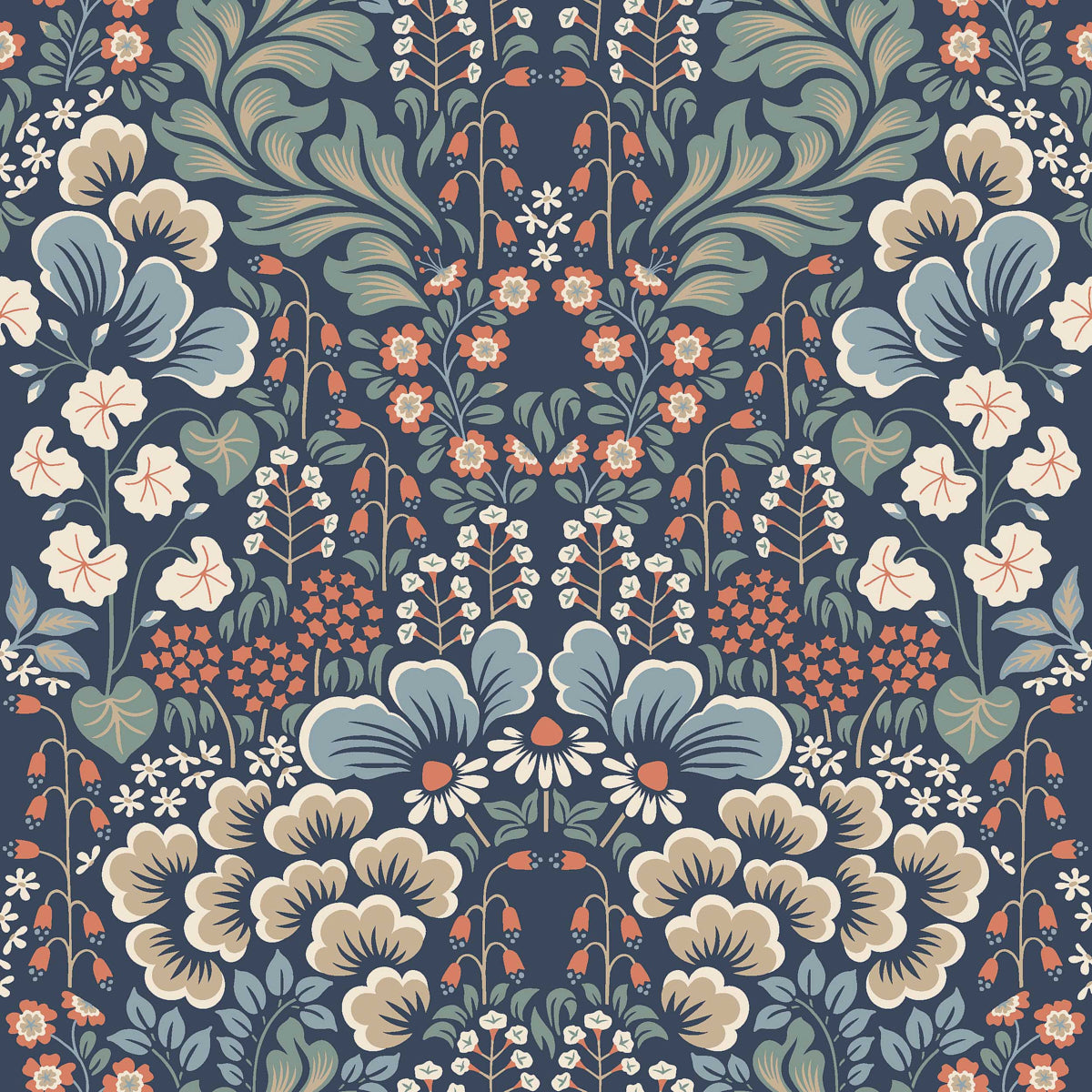 Blomstervall wallpaper by Boråstapeter for Schumacher, featuring a stylized Swedish meadow floral pattern in midnight multi colors.