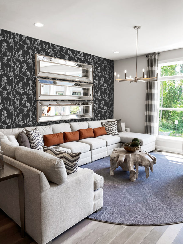 Leaf Trail Metallic Ebony & Glass Beads by Etten Studios Botanical Textured Metallic Wallpaper – Etten Studios 2231110