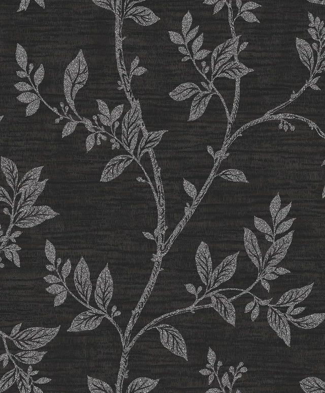 Leaf Trail wallpaper in Metallic Ebony & Glass Beads with a shimmering leafy vine trail over a dark textured ground.