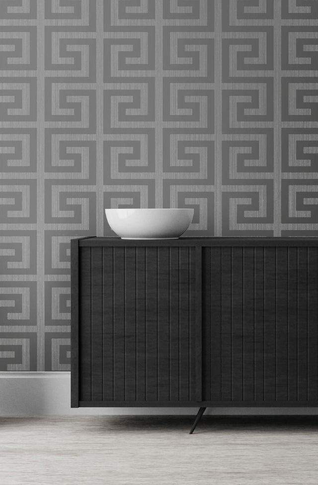 Greek Key Metallic Silver & Earl Gray by Essential Textures Geometric Wallpaper – Etten Studios 2232002
