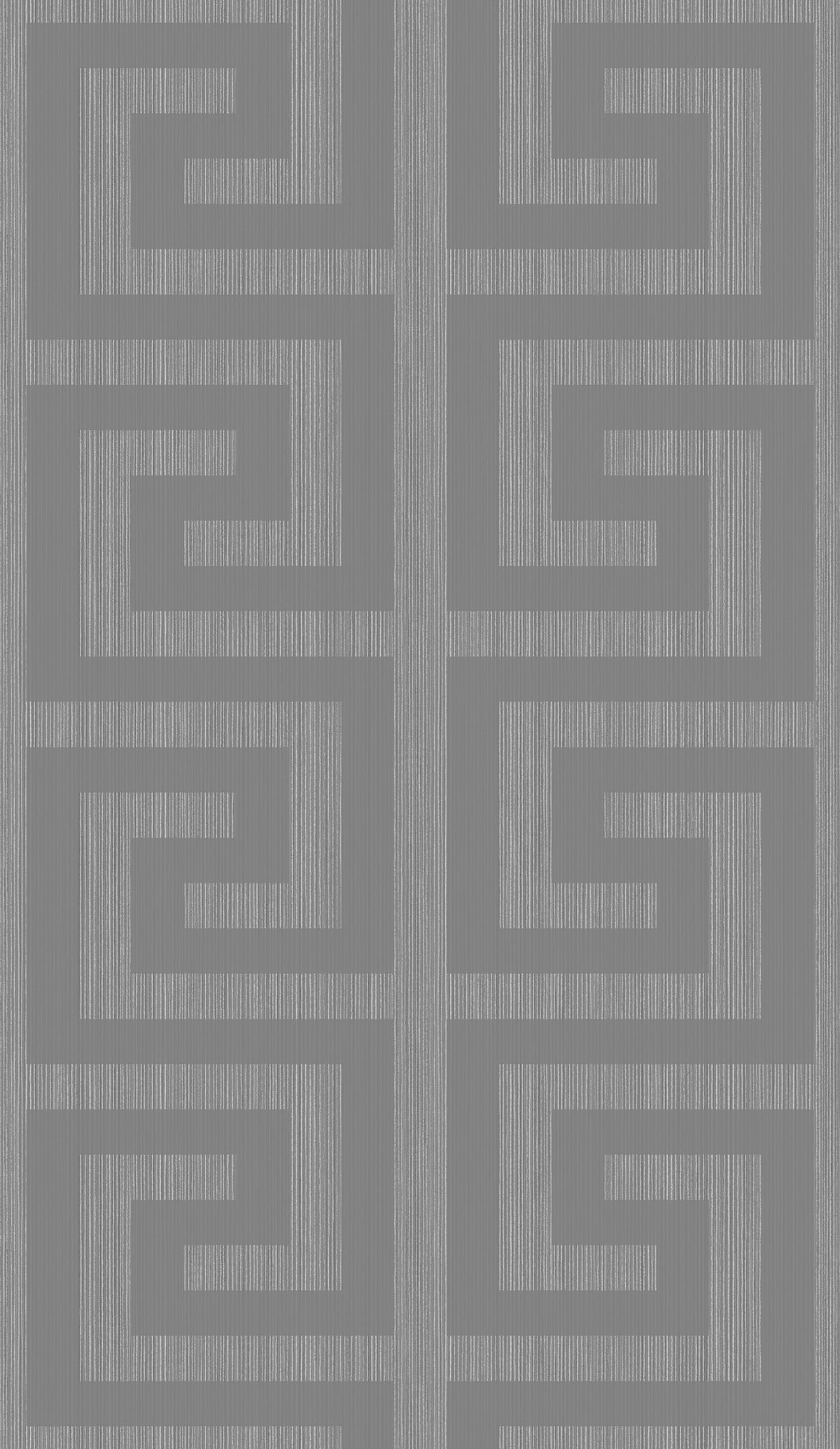 Greek key geometric wallpaper in metallic silver and earl gray