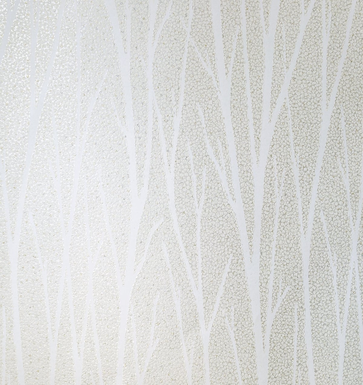 Birch Trail wallpaper in metallic pearl and glitter with white birch tree silhouettes on an off-white background.