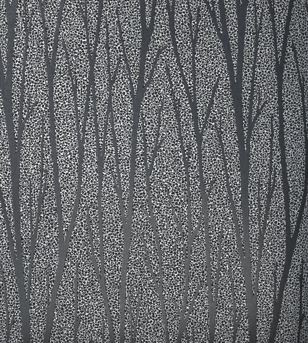 Birch Trail wallpaper in black satin with silver glitter metallic background and silhouetted birch trees