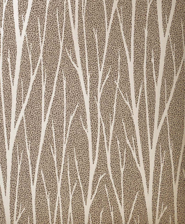 Birch Trail wallpaper in Metallic Champagne & Copper Glitter with a stylized birch tree pattern.