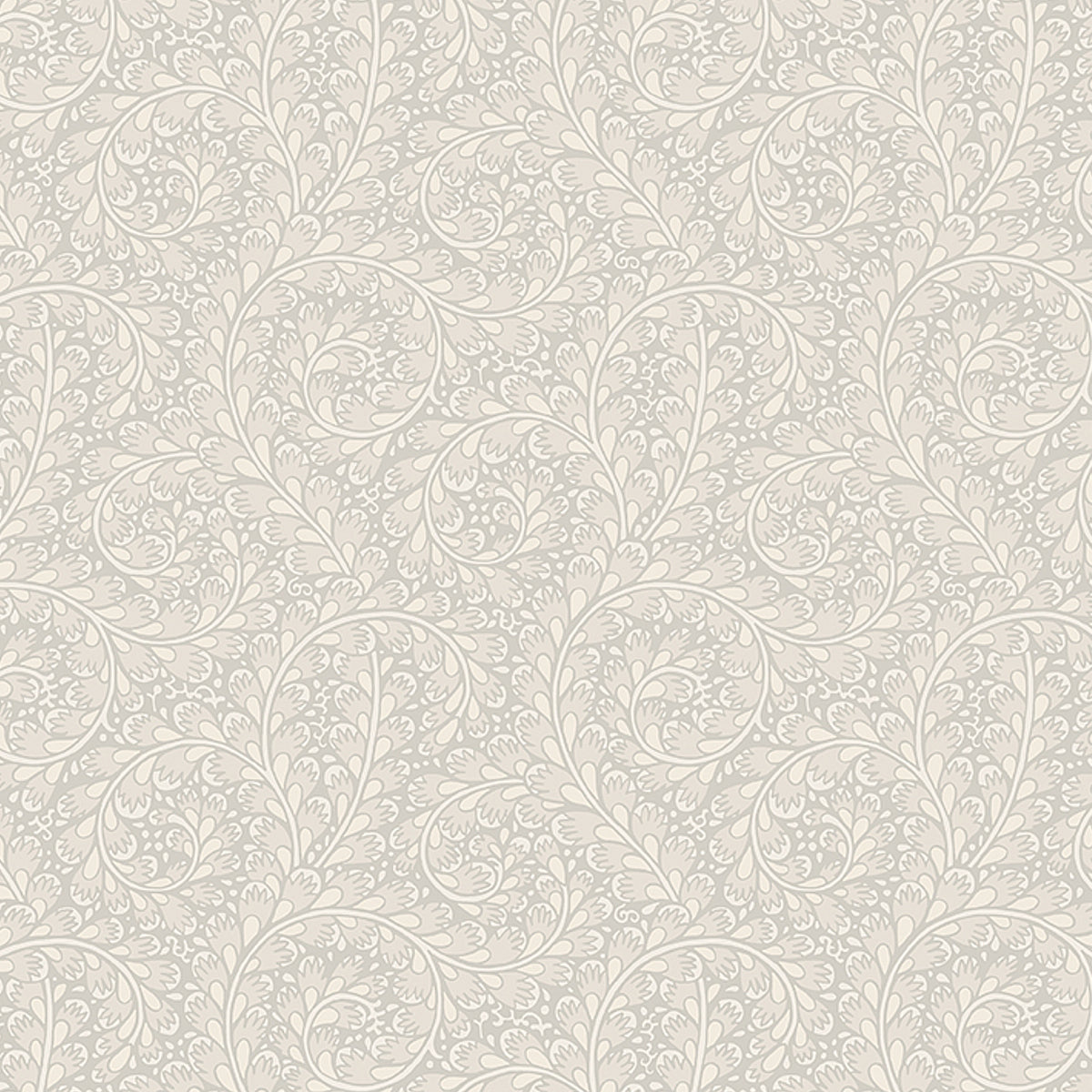 Wild Ferns wallpaper in stone colorway by Boråstapeter for Schumacher, featuring elegant scrolls of delicate fronds in a classic pattern.