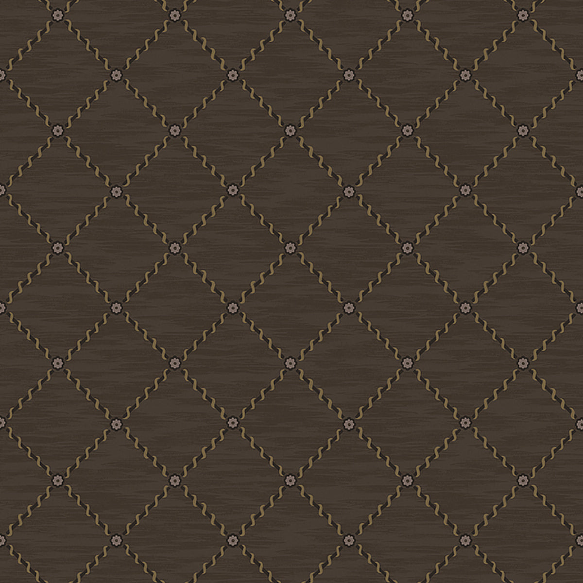 Golden Trellis wallpaper in brown and gold by Boråstapeter for Schumacher, featuring a traditional trellis pattern.