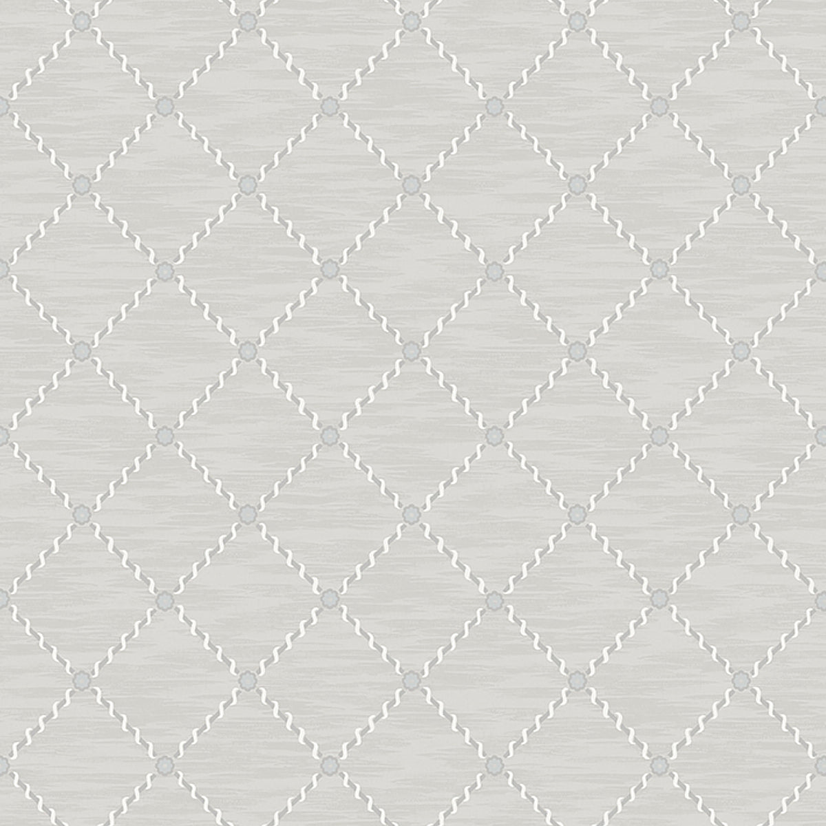 Golden Trellis grey and silver trellis pattern wallpaper by Boråstapeter for Schumacher, shown in roll and detail view.
