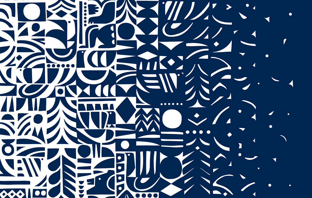 Marimekko Yn Varjo wallpaper in midnight blue and off-white with bold abstract geometric illustration pattern