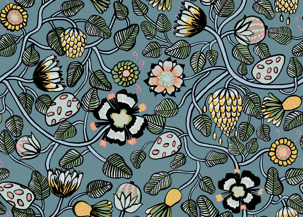 Pieni Tiara wallpaper in sea green with dandelion yellow floral illustration on a satin finish.