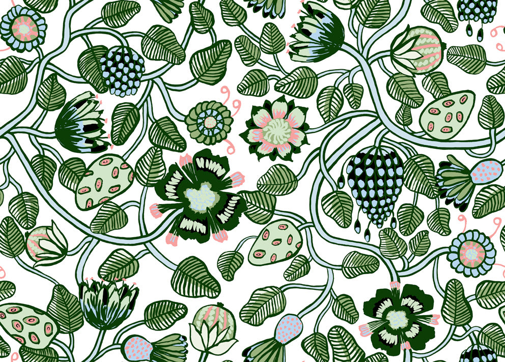 Pieni Tiara Emerald, Jade & Light Blue by Marimekko Contemporary Floral Wallpaper – Marimekko 23332X-Sample