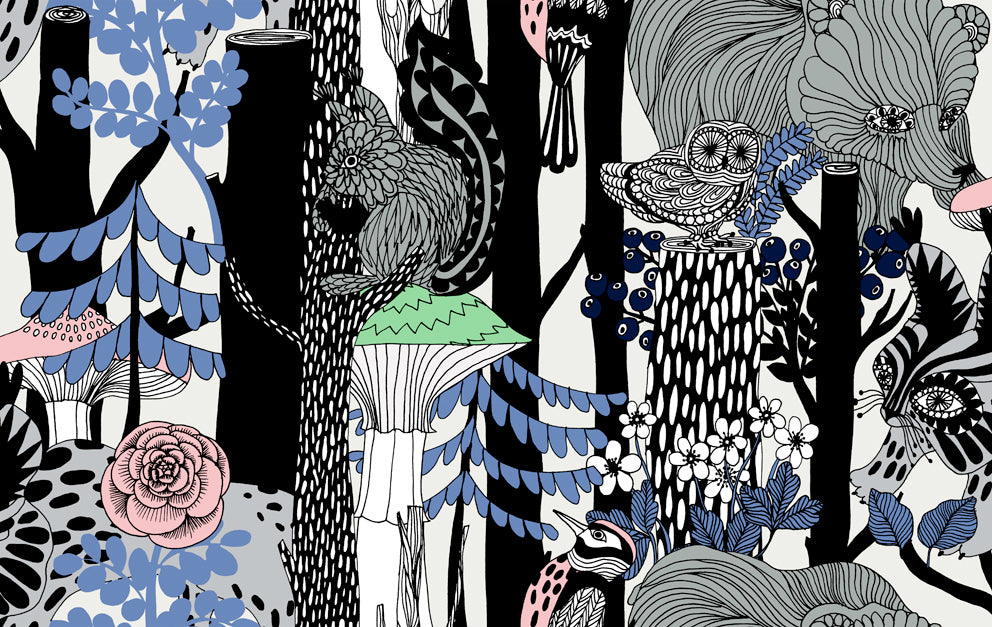 Marimekko Pikkuveljekset wallpaper in Ebony and Sapphire (illustrated forest scene).