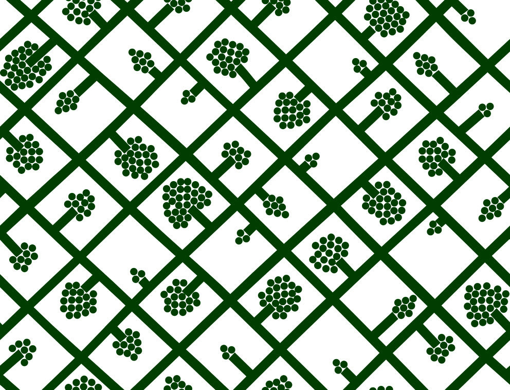 Green trellis lattice wallpaper with berry motifs on an eggshell background