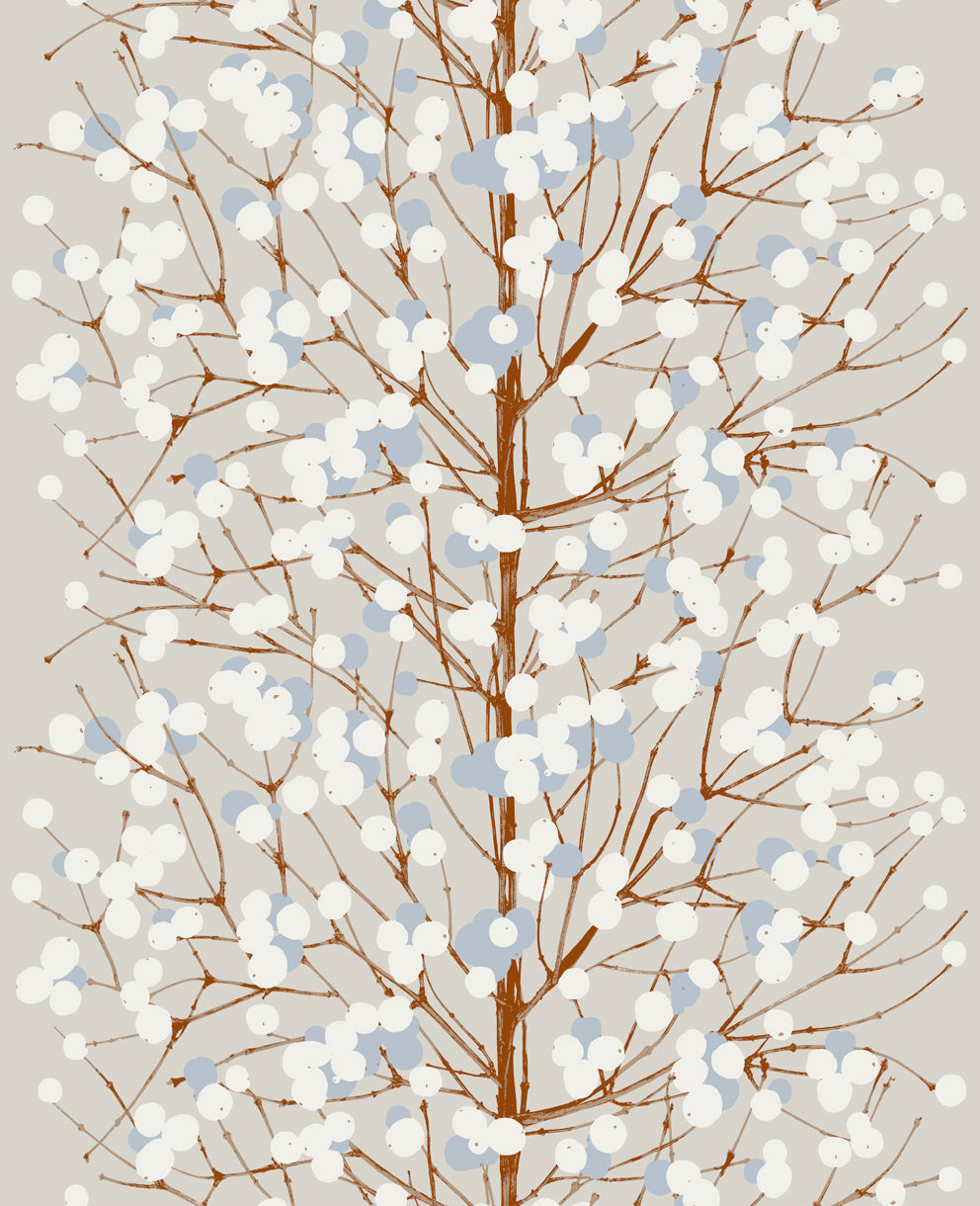 Lumimarja Taupe and Cornflower by Marimekko Vol. 5 Berry Branch Wallpaper – Marimekko 23375X -Sample