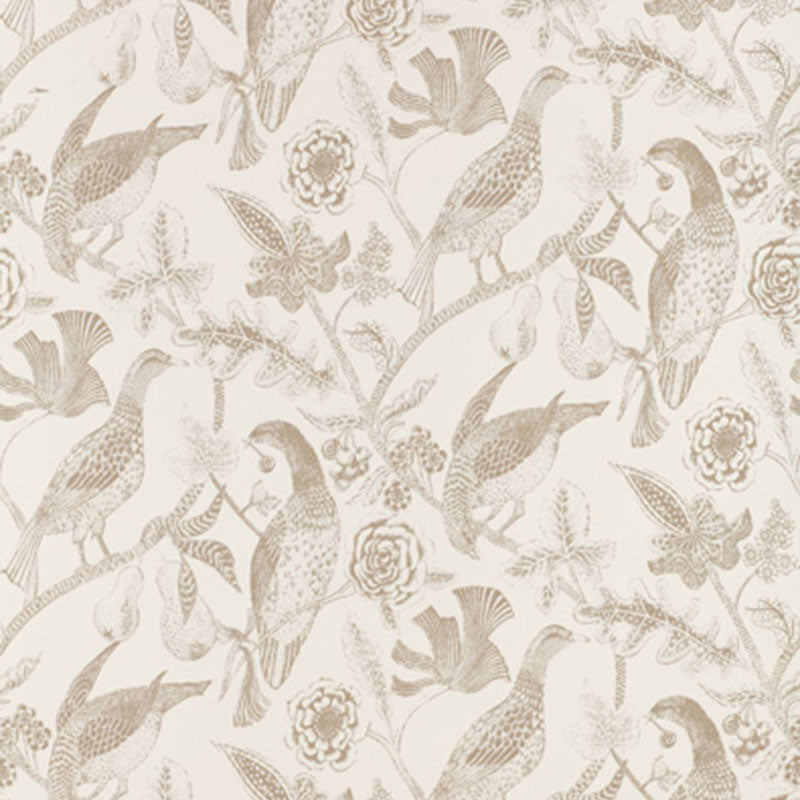 Beige hand screen printed wallpaper with a botanical and bird motif from Schumacher's Katmandu collection, styled in a classic interior setting.