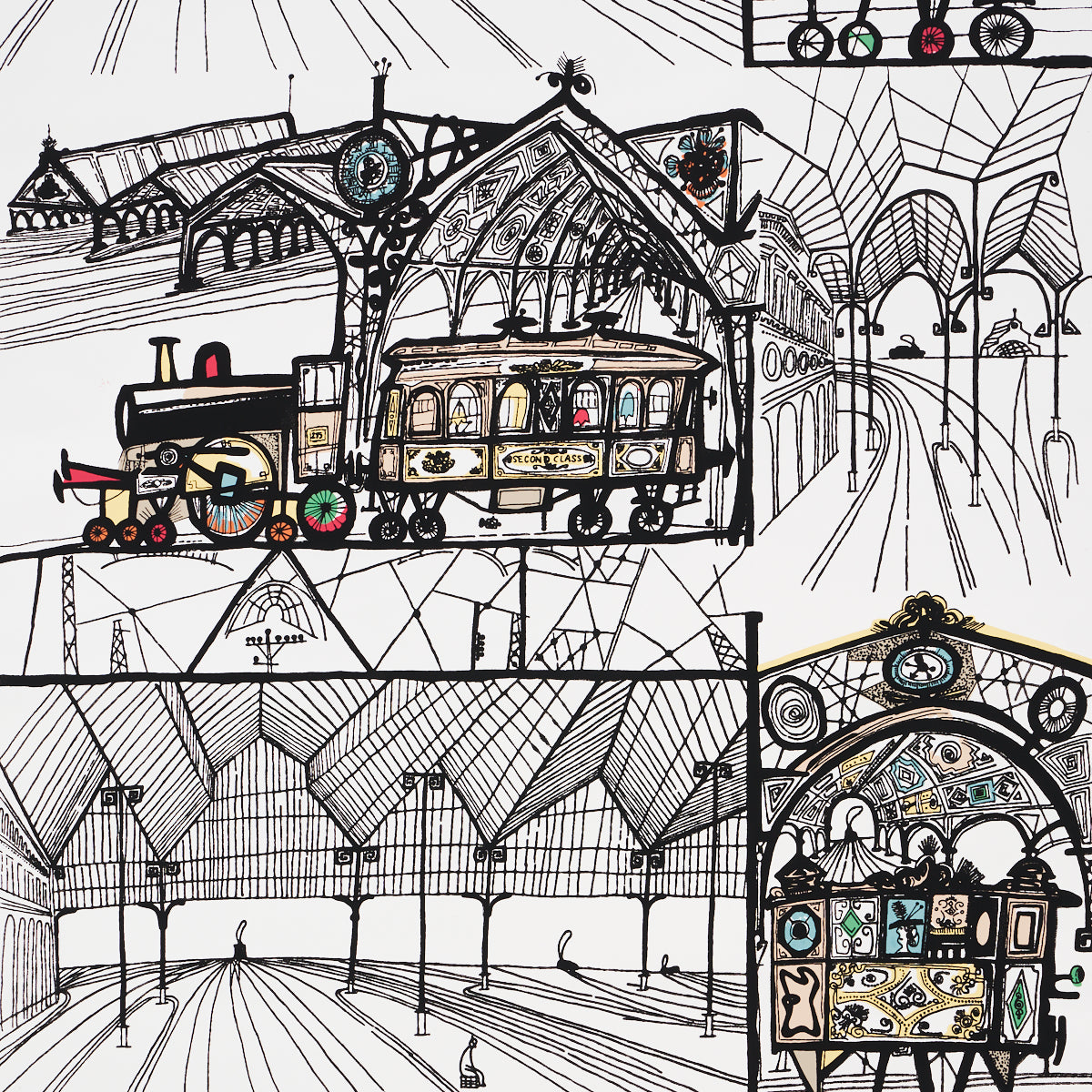 TRAINS wallpaper by Schumacher features whimsical, hand-drawn trains and train stations in multi-color on white background.