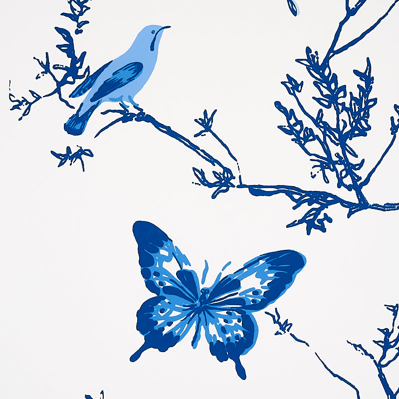 Birds & Butterflies Porcelain by Schumacher Painterly Blue Wallpaper – Flight of Fancy 2704421