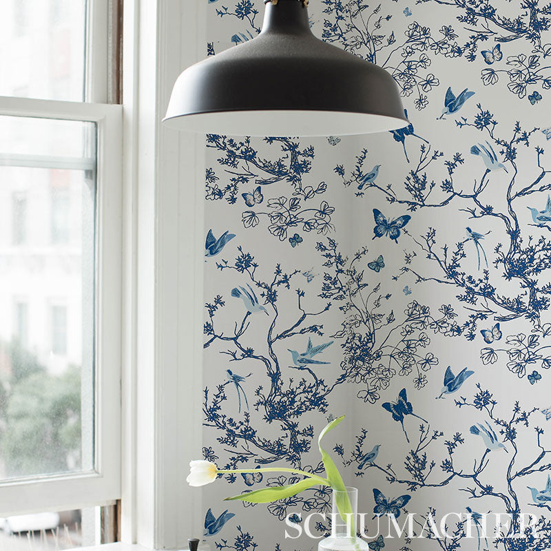 Birds & Butterflies Porcelain by Schumacher Painterly Blue Wallpaper – Flight of Fancy 2704421