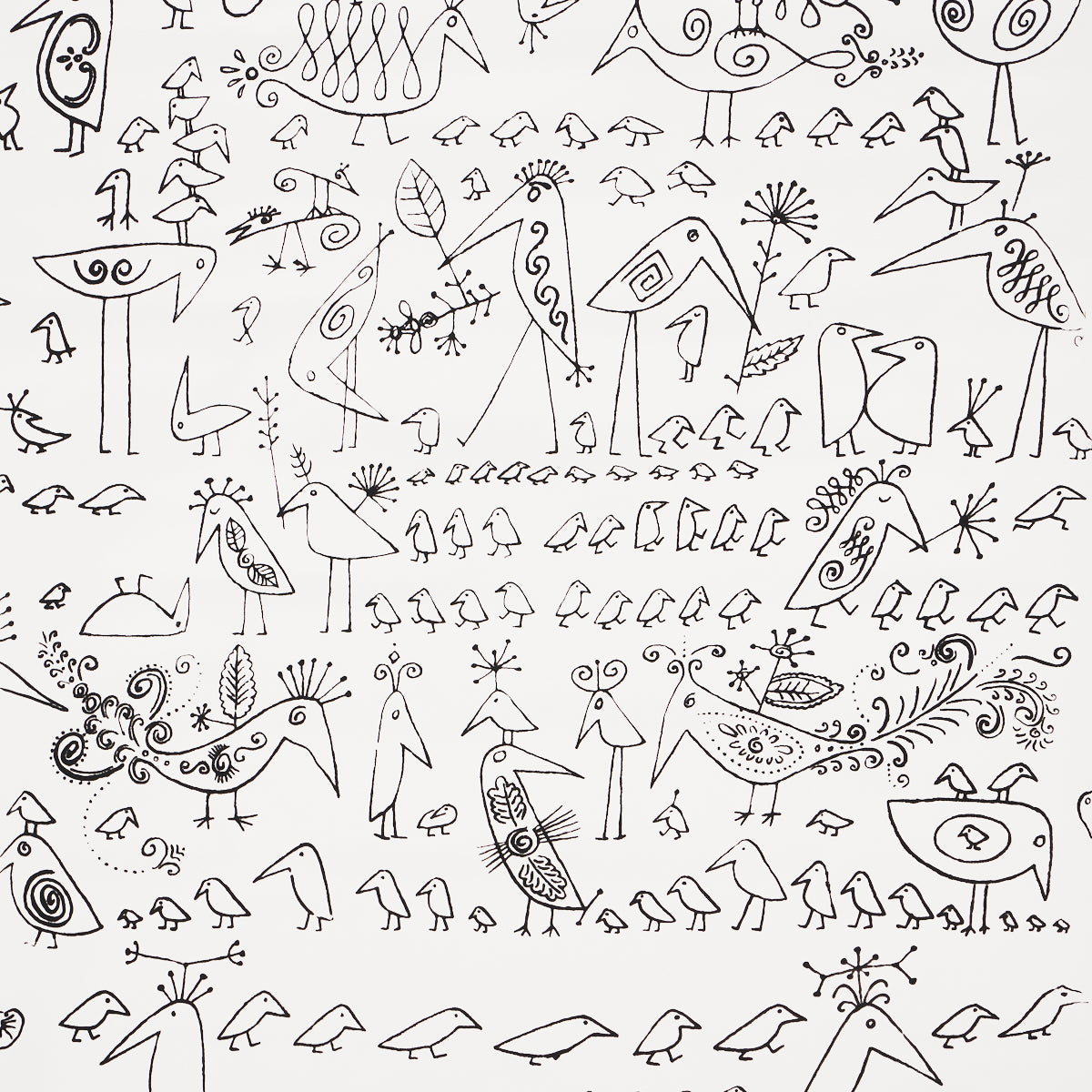 Aviary wallpaper by Schumacher featuring whimsical black line-drawn birds on a white background, inspired by Saul Steinberg's imaginative illustrations.