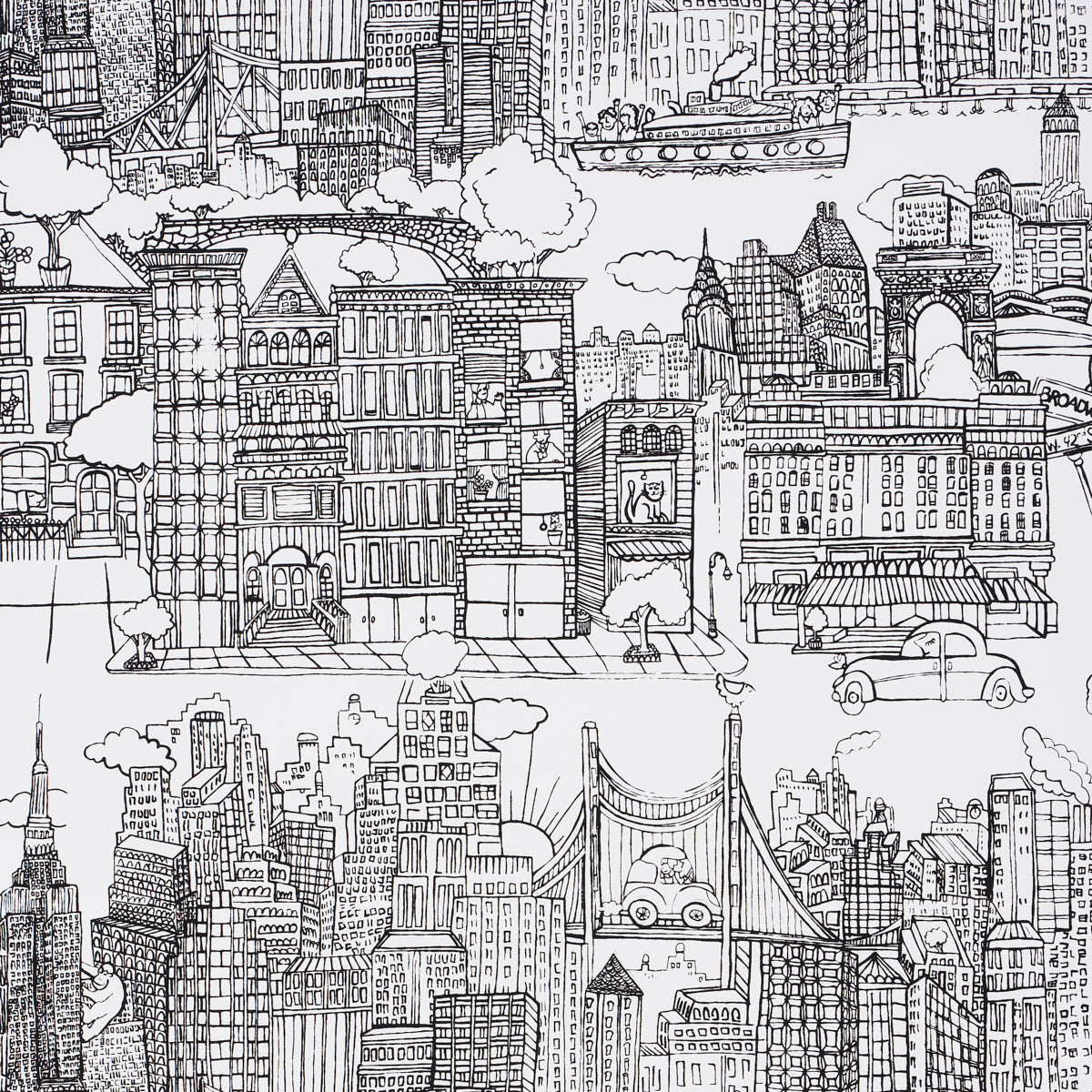 Black and white illustrated wallpaper featuring New York City buildings, bridges, and cityscape details.