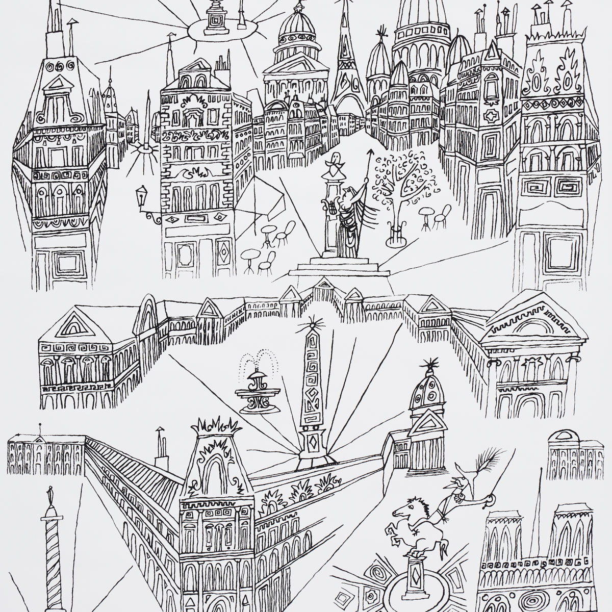 Hand-drawn black and white wallpaper featuring iconic Parisian architecture and city scenes, VIEWS OF PARIS by Schumacher.