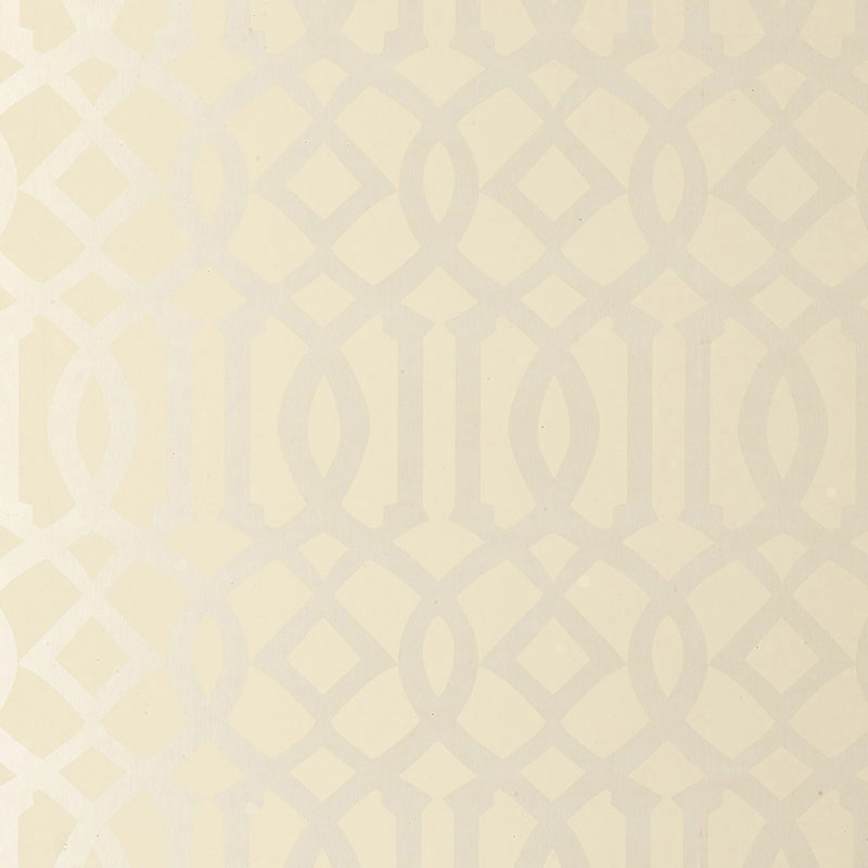 Imperial Trellis Alabaster wallpaper by Schumacher, designed by Kelly Wearstler, featuring a geometric trellis pattern in a neutral colorway.