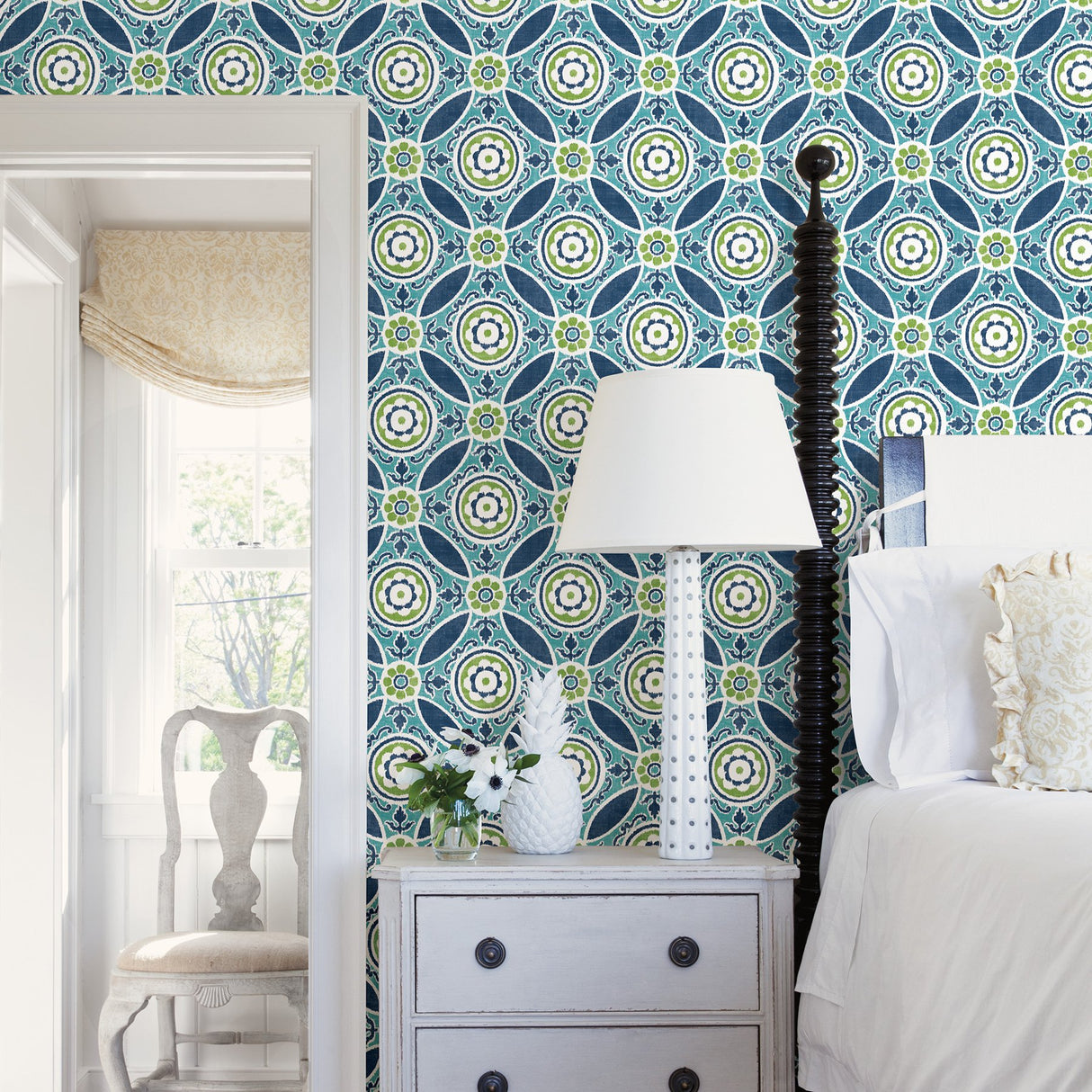 Maya Teal Medallion Wallpaper with Ikat Floral Motif - A?Street Prints 2744-24115